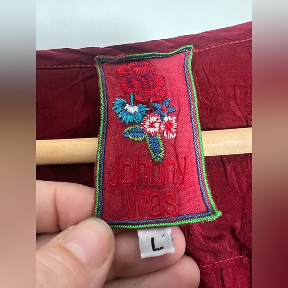 Johnny Was Tunic Blouse Tonal Solid Red Lace Embroidery Short Sleeve Size Large - Picture 2 of 7